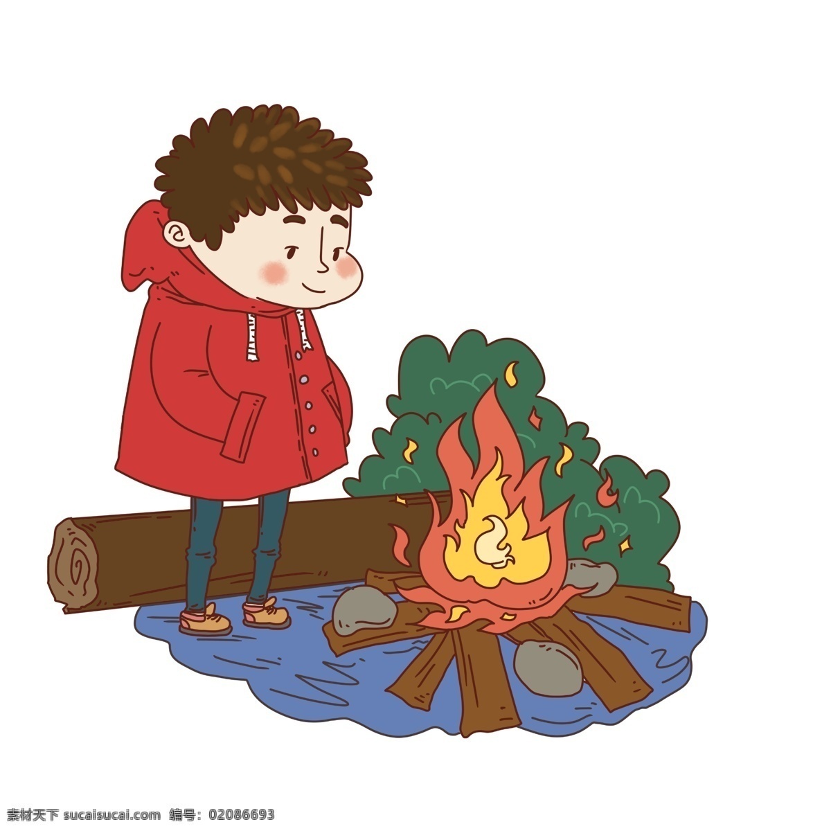 室外 烤火 小 男孩 黄色的火苗 绿色的植物 植物装饰 褐色的木头 取暖 人物 手绘 插画 烤火的小男孩