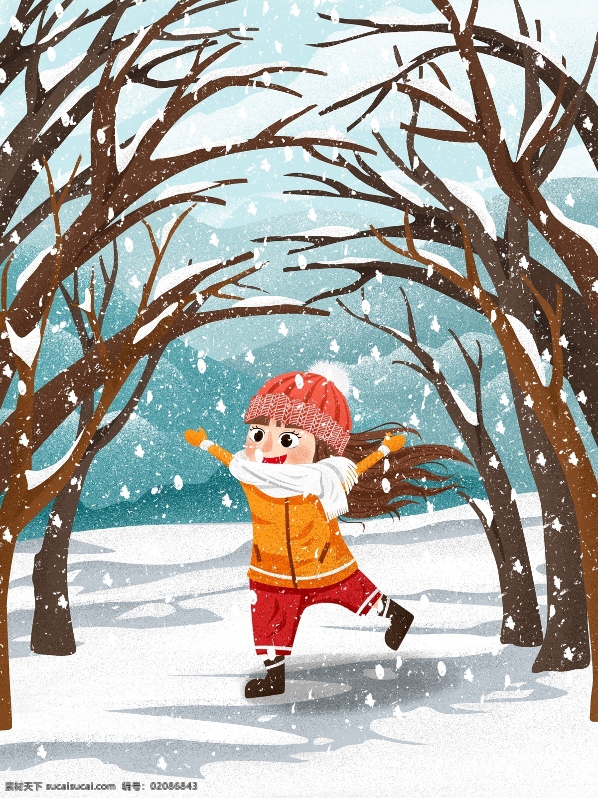 唯美 二 十 节气 大雪 插画 雪 中 奔跑 女孩 冬季 手绘人物 冬天 大雪插画 大雪海报 冬季雪景 下雪 白雪 节气大雪 节气插画 节气海报 24节气 二十四节气 少女 人物插画 冷色 寒冷 手绘 节气系列