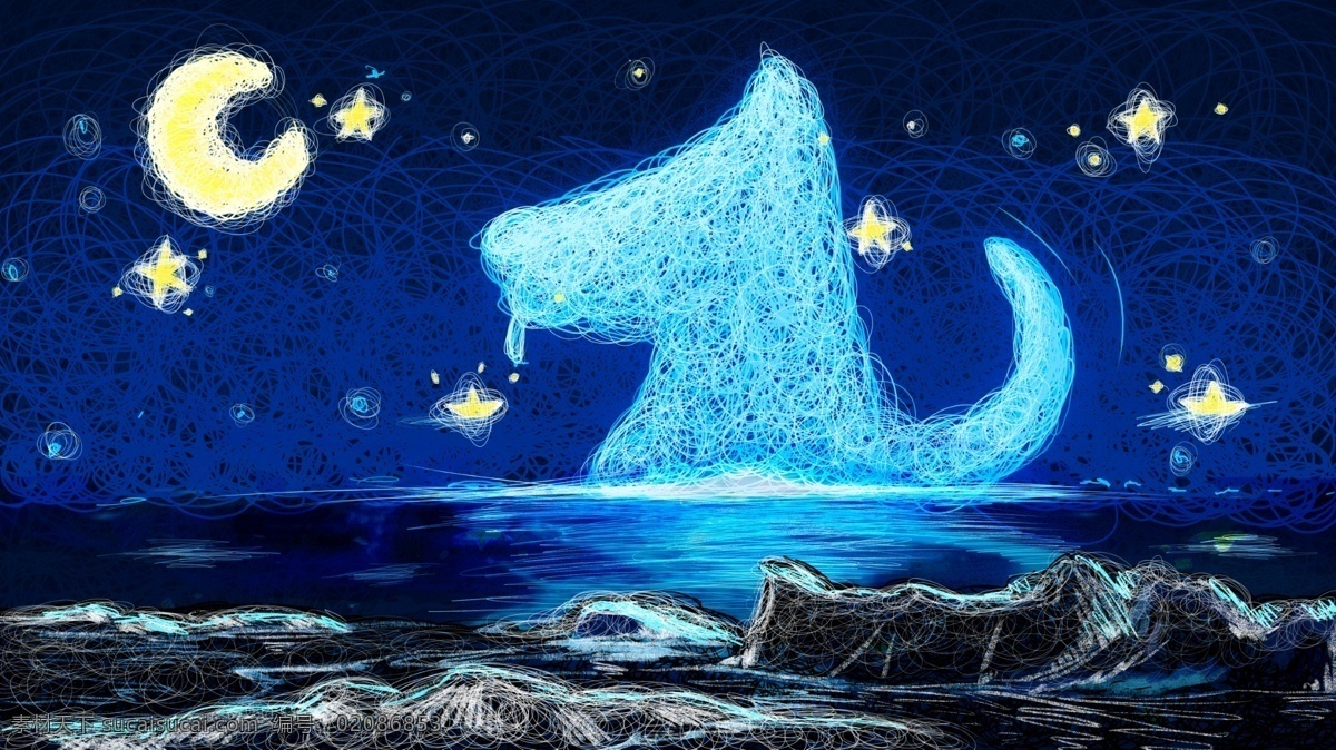 线圈 插画 治愈 想念 狗 仰望 星空 晚安 装饰画 大海 蓝天白云 星星 宠物 动物 可爱卡通 灵魂 影像 壁纸 手机壳 插图 睡前故事 绘本 摇尾巴 萌 朋友 思念 岩石 深夜 海边 海报 月亮 水花 喷溅 倒影 湖水