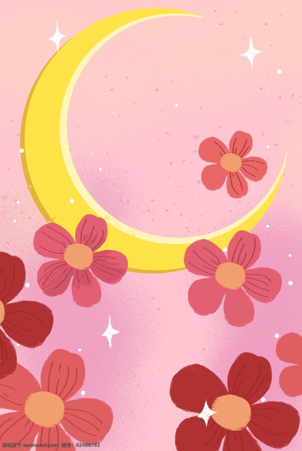 彩色 创意 植物 花朵 背景 弯曲 月亮 卡通插画 大自然 风景 景色