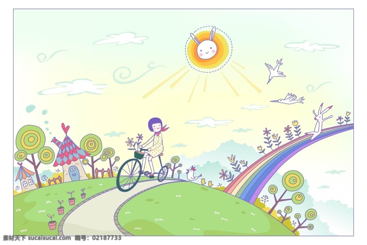 童话城市插画 城市 自行车 彩虹 插图 白色