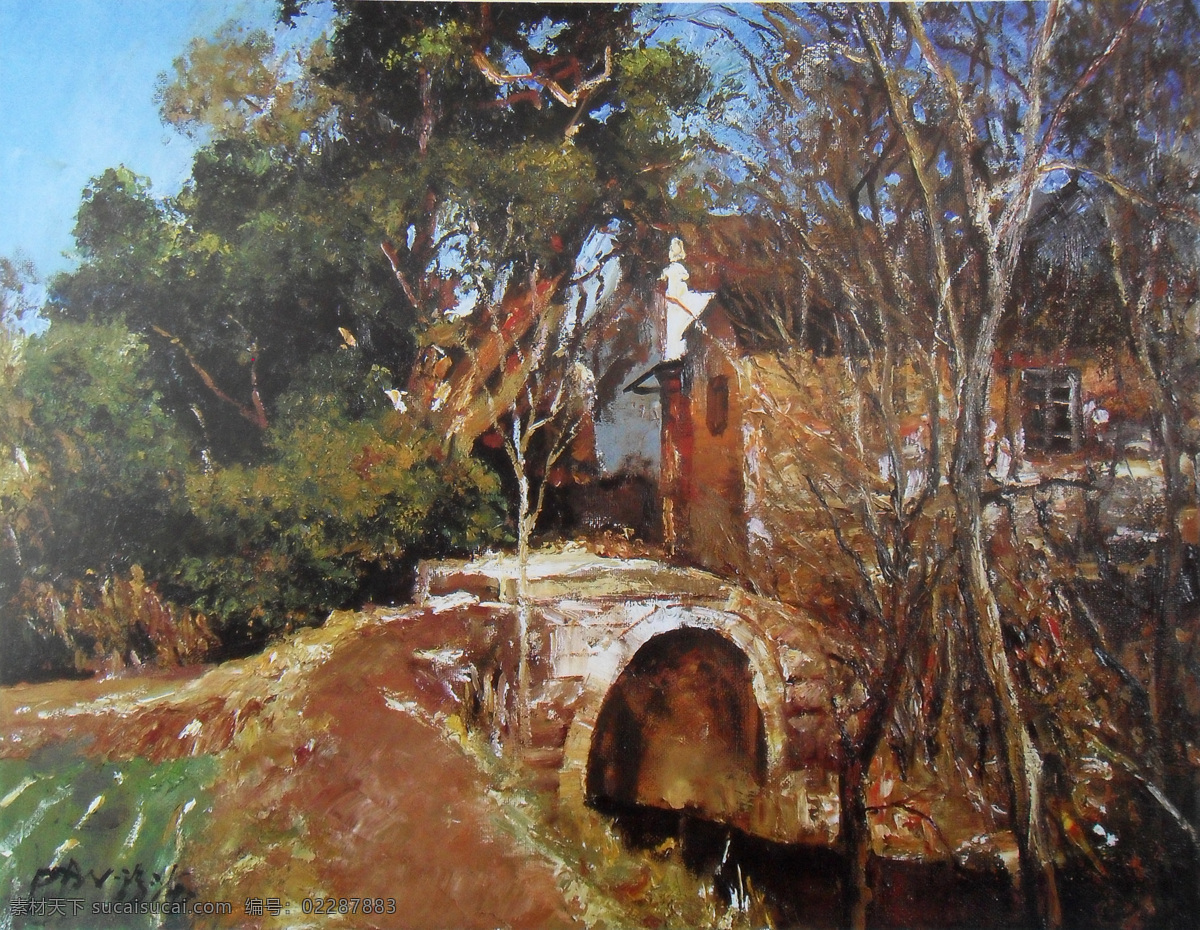 草丛 风景 风景油画 拱桥 古朴 绘画书法 老房子 民居 村前的桥 油画 布面油画 油彩 布面油彩 民间古迹 水乡 树木 村子 桥 潘鸿海油画 文化艺术 装饰素材