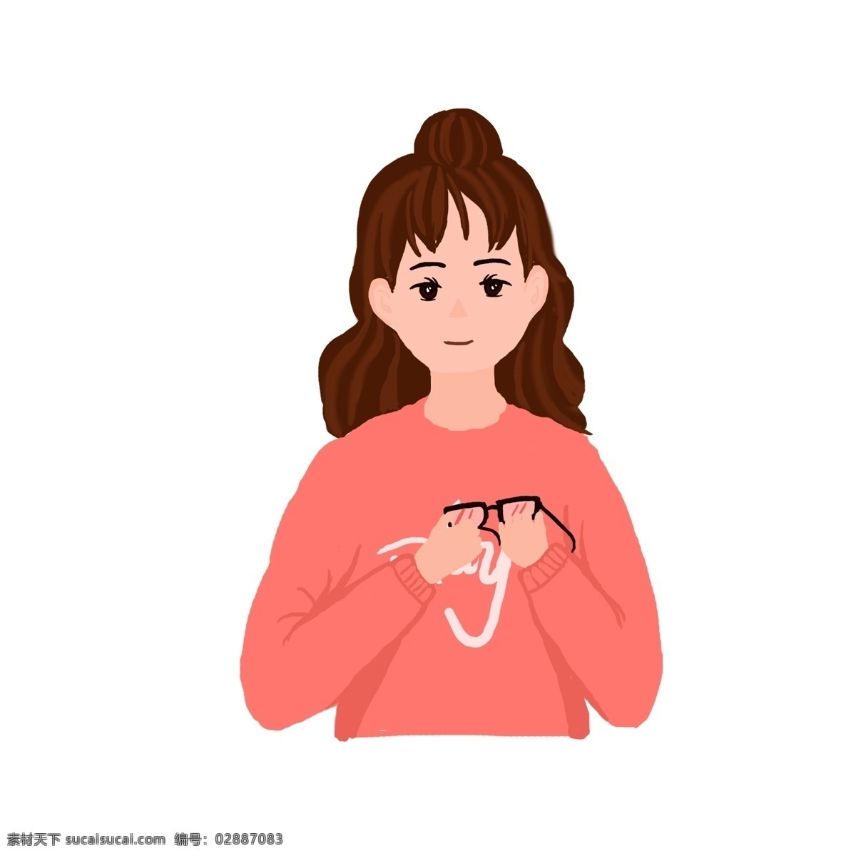 取 下 眼镜 女生 卡通 元素 可爱 近视 红色上衣 长发