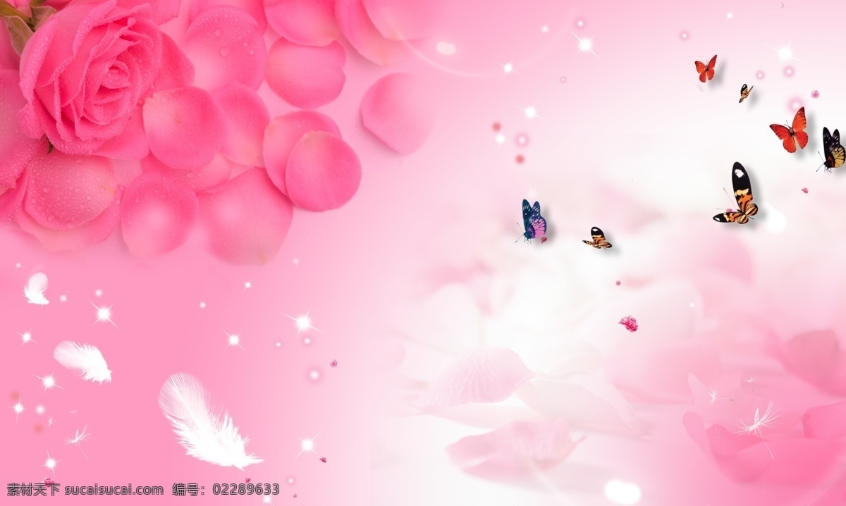 玫瑰花 背景 分层 背景素材 粉色 蝴蝶 玫瑰花背景 梦幻背景 晚会背景 舞台背景 羽毛 星光 psd源文件