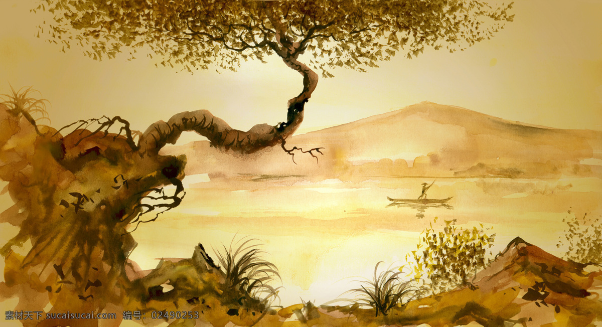 风景 水墨画 水墨风景 绘画艺术 中国画 树木 湖水 船 美丽 自然风景 自然风光 美景 摄影图 高清图片 书画文字 文化艺术
