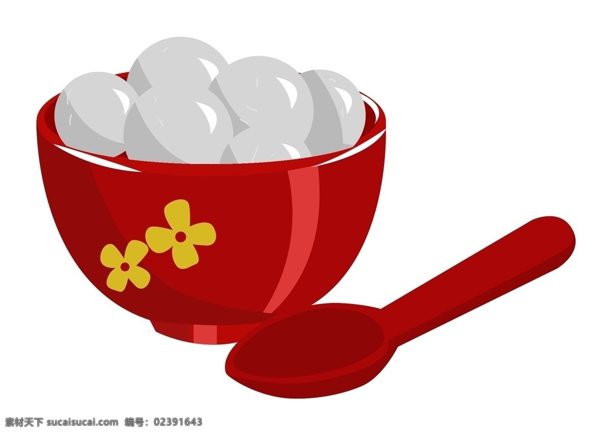 手绘 元宵节 元宵 插画 红色的勺子 元宵节快乐 卡通插画 圆圆的元宵 红色的大碗