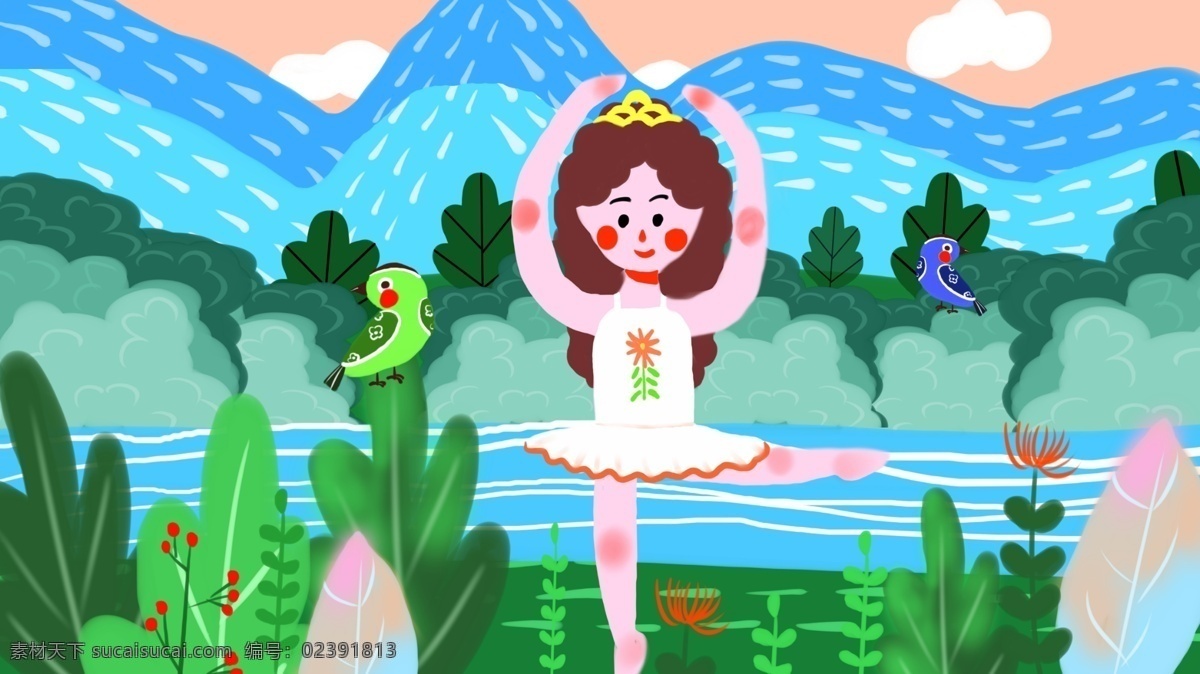 森林 公主 清新 插画 壁纸 海报 朋友圈 公众号配图 小鸟