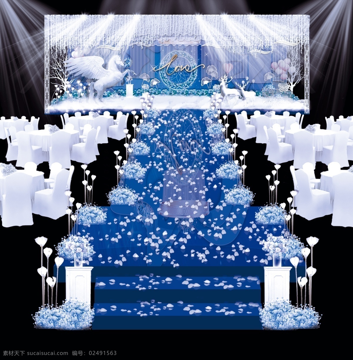 高端 婚礼 婚庆 布置 效果图 灯光 气球 高端婚礼 蓝色婚礼 飞马 鹿