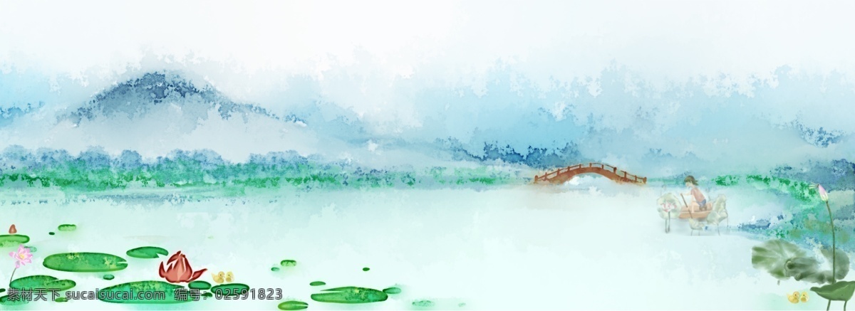 清新 水墨 古风 立夏 背景 荷花 池塘 鸭子 桥 船 中国风 二十四节气