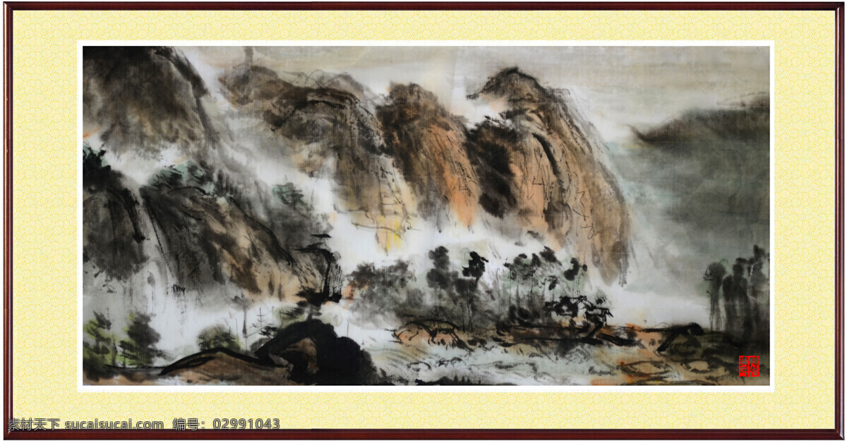风景画 高山 绘画书法 流水 瀑布 山峰 山路 丹山激流声 中国画山水 水墨画 写意山水 纸本设色 印章 石头 云雾 树木 陈强 国画作品 文化艺术 装饰素材 雕刻 图案