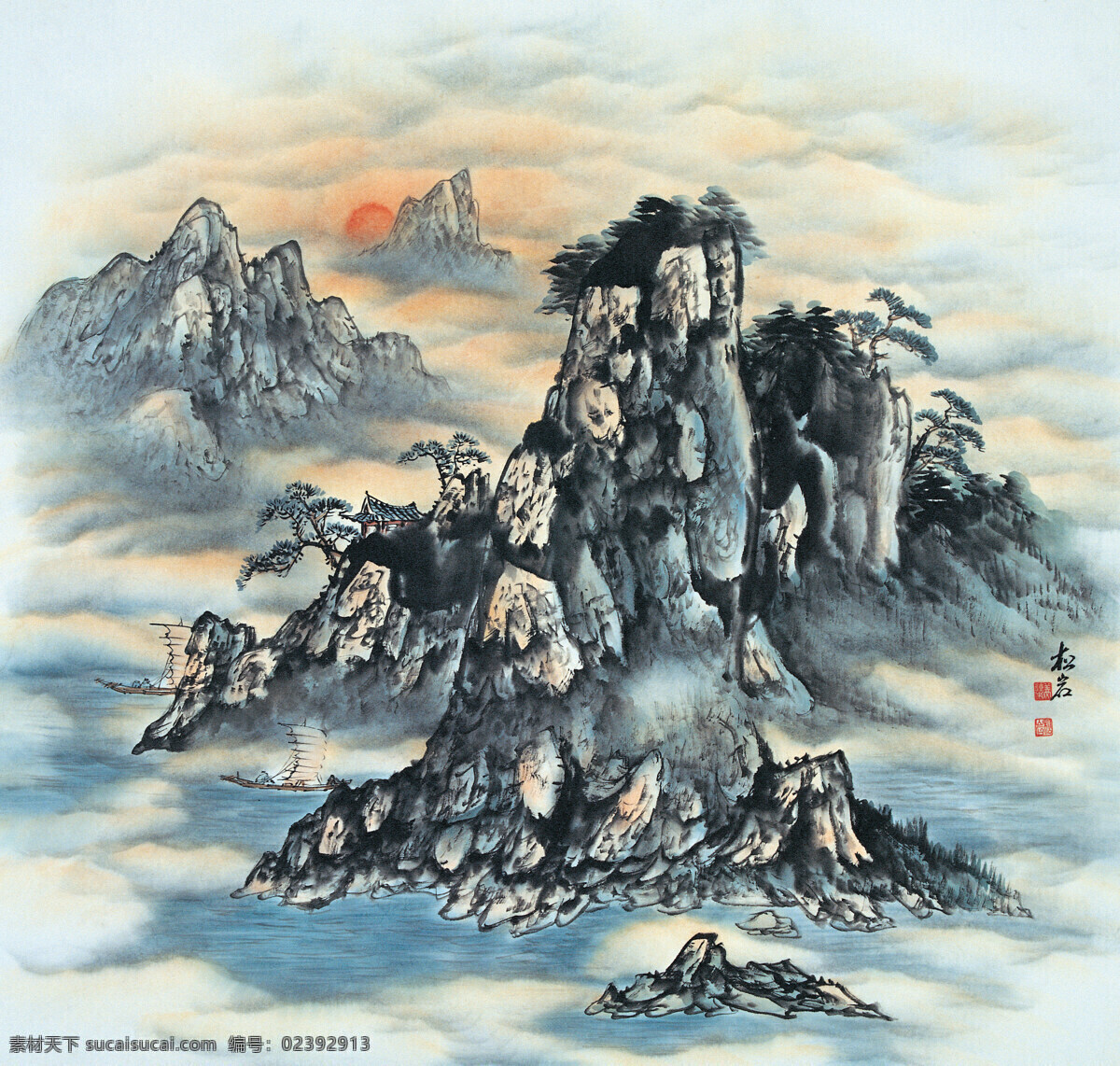 山水水墨风景 山水 水墨风景 日出 云 山 绘画书法 文化艺术