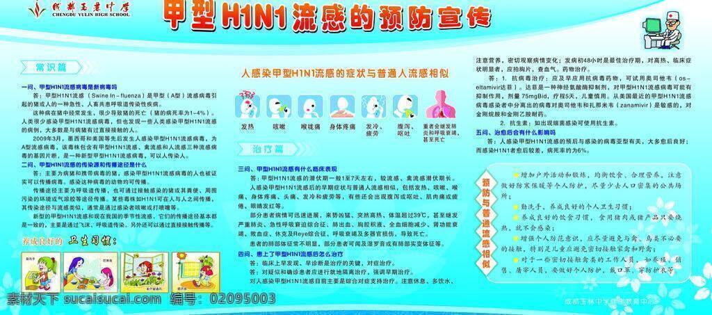 甲型 h1n1 宣传 知识 蓝色背景 医院海报 展板模板 医生卡通人物 医院展板宣传 矢量 宣传海报 宣传单 彩页 dm