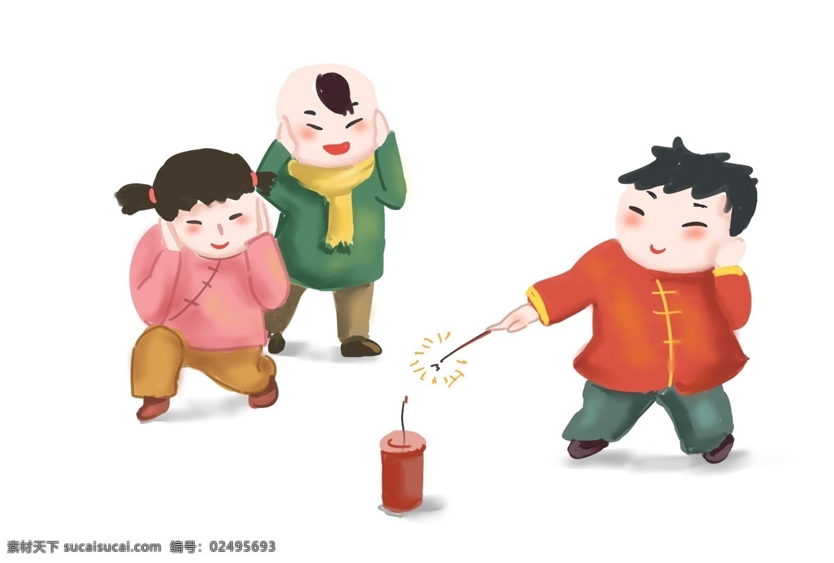放 鞭炮 新年 庆祝 插画 娃娃 可爱 放炮竹 围巾 元旦 2019年 喜庆 中国风 传统 手绘 捂耳朵 过年