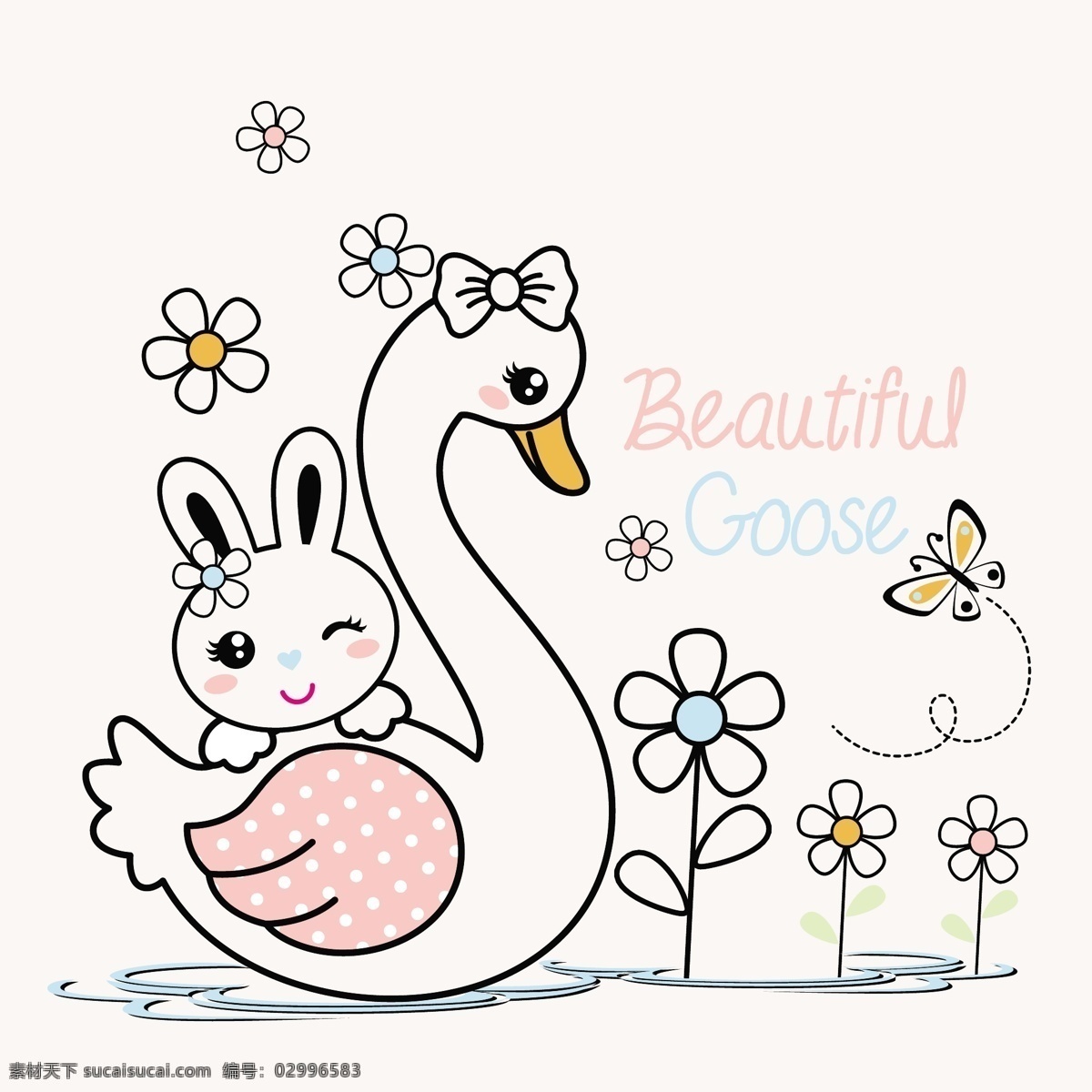 天鹅 兔子 可爱动物手绘 蝴蝶 花 印花 卡通 动漫动画 动漫人物