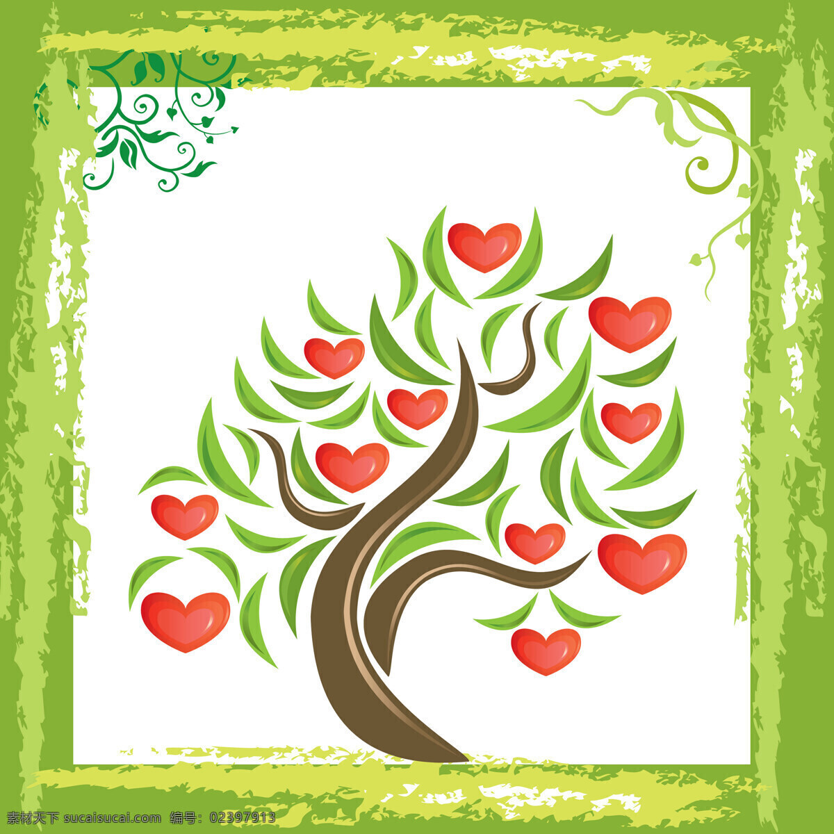 绿色 爱心 果树 装饰画 画框 红心
