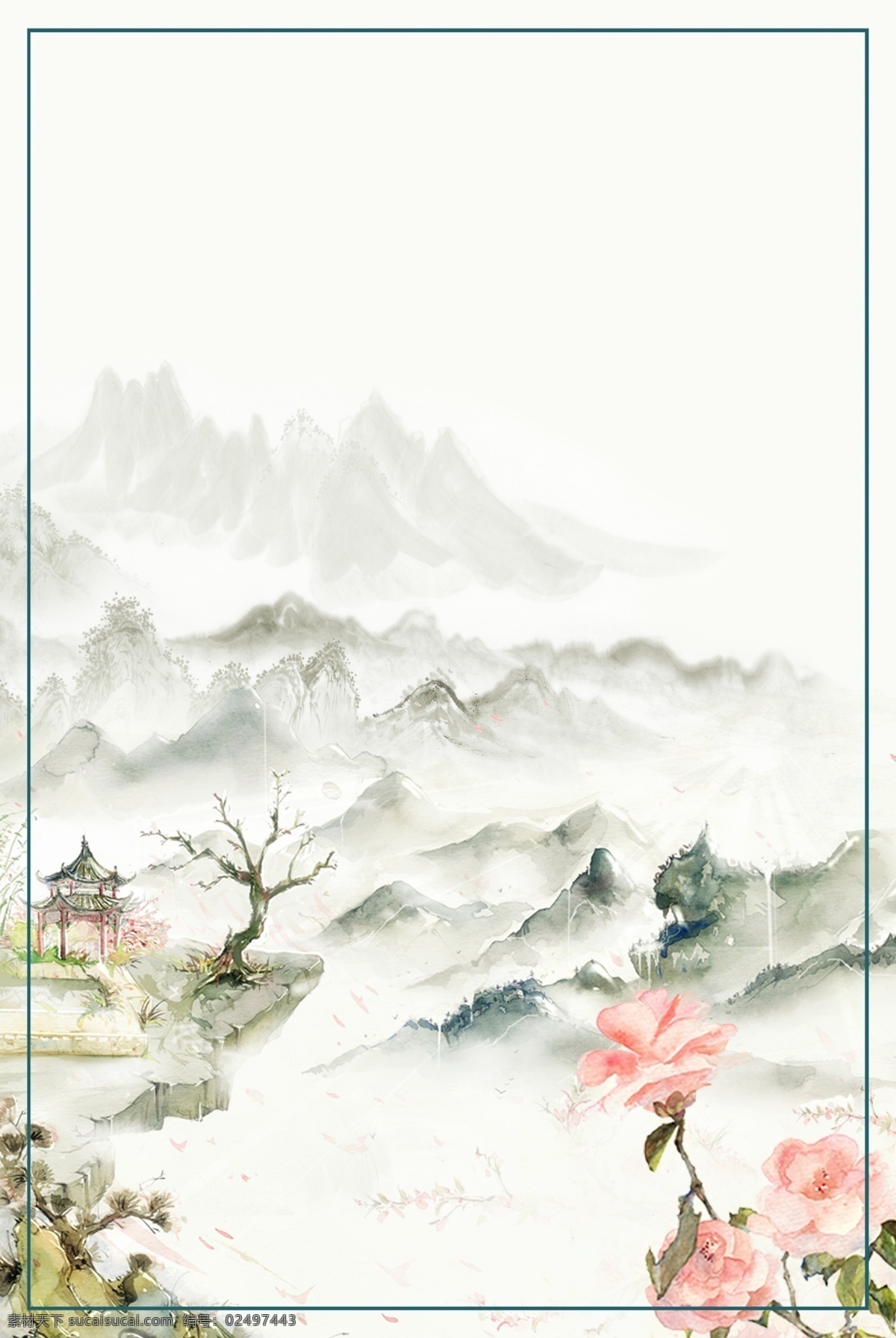 复古 唯美 春天 山水 茶花 背景 大气 水墨风 中国风 古风 山峦 远山