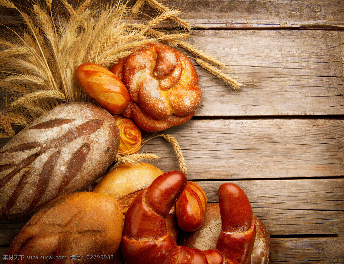 小麦面包 小麦 麦穗 面包 木纹 木板 健康 美食 传统美食 餐饮美食