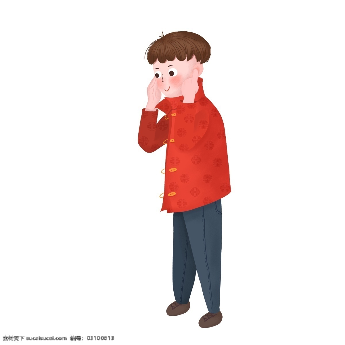手绘 过年 捂 耳朵 男孩 喜庆 春节 人物 插画