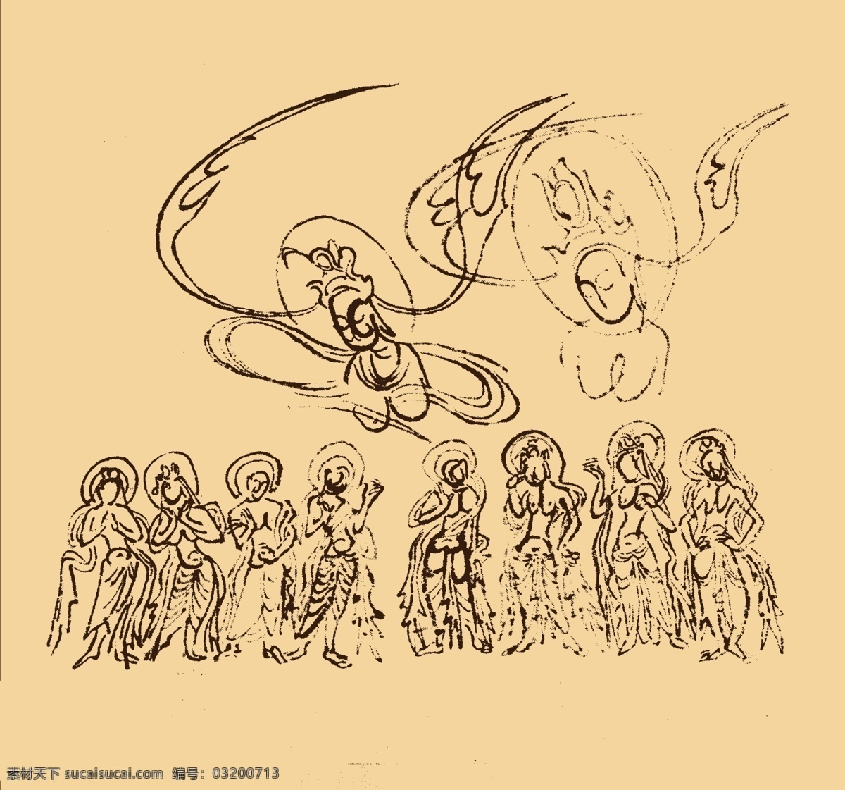 敦煌壁画 敦煌 壁画 飞天 菩萨 佛教 白描 线描 分层 敦煌壁画白描 人物 源文件