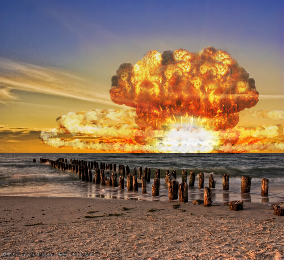 蘑菇云 原子弹 爆炸图 海边 火红的云朵 蓝色的天空 军事武器 现代科技