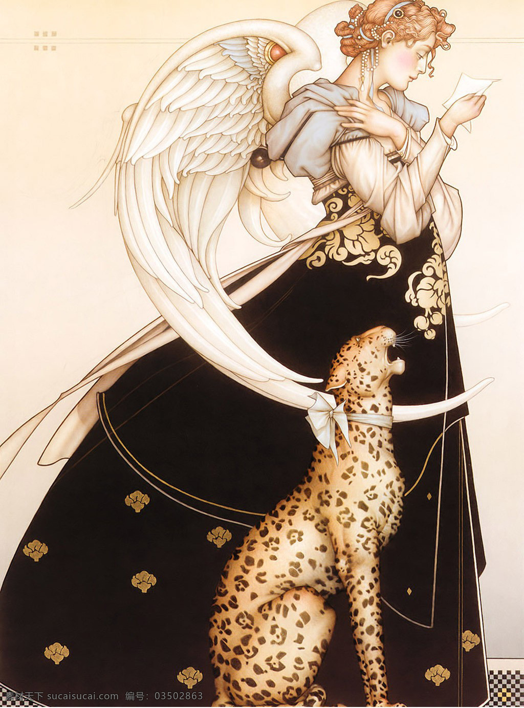 豹子 翅膀 绘画书法 美女 人物 天使 文化艺术 油画 现代设计素材 现代模板下载 现代 西方油画