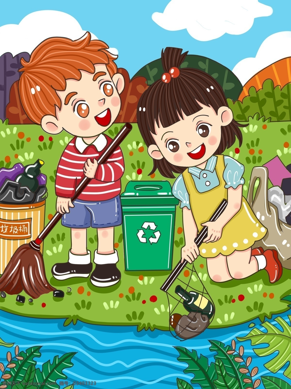 原创 卡通 世界环境日 小朋友 捡 垃圾 儿童 插画 保护环境 环境 环境日 可爱 儿童插画 微博 微信