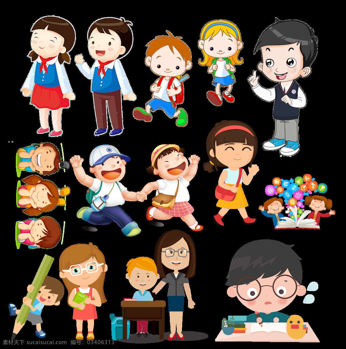 穿 校服 小学生 卡通学生 小学生上课 卡通同学 漫画学生人物 卡通小学生 童年学生 背书包学生 幼儿园学生 小学同学 png格式