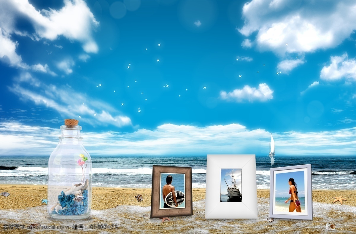 休闲 旅游 展板 海报 相框 大海 沙滩 瓶子 休闲旅游 娱乐 旅游海报 蓝天白云 展板模板 展板背景 宣传海报 海报素材 psd图库 广告设计模板 psd素材 白色