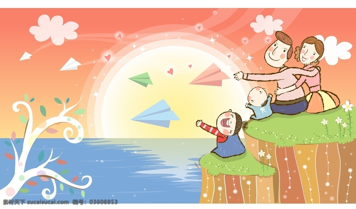 河边 玩耍 一家人 河流 手绘 幸福 矢量图 矢量人物