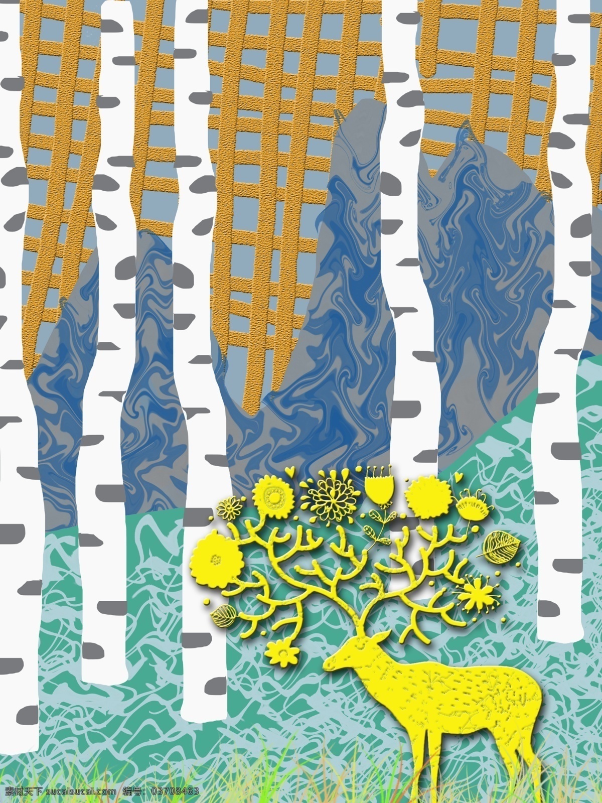 立体 丛林 麋鹿 客厅 装饰画 立体麋鹿 一联画 黄色条纹肌理 客厅装饰画 丛林柏树