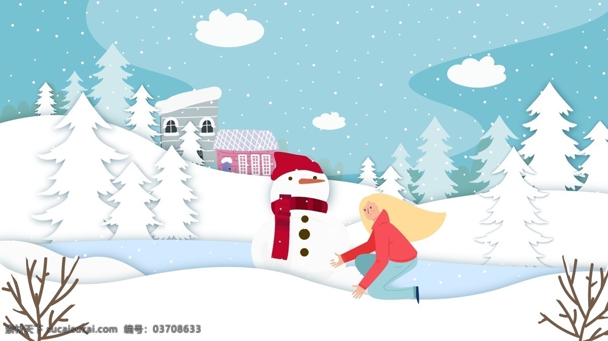 冬季 剪纸 风 雪景 堆 雪人 少女 矢量 插画 剪纸风 堆雪人