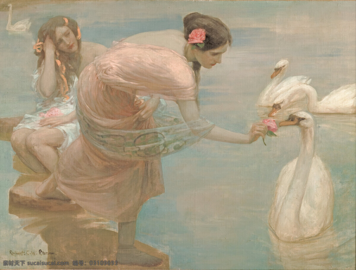 绘画书法 文化艺术 油画 一个 夏日 清晨 鲁 伯特 邦尼 作品 两个姑娘 手持花朵 站在湖水里 逗引天鹅 19世纪油画 家居装饰素材