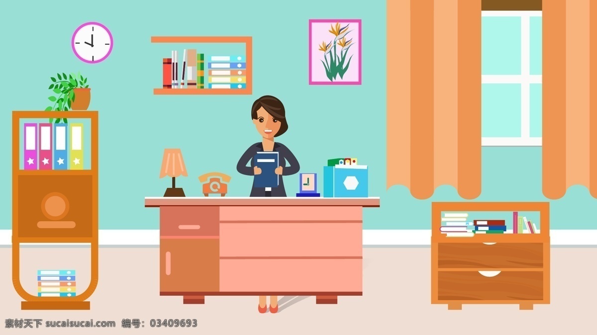 原创 商务办公 工作 中 人 矢量 插画 场景 窗户 盆栽 台灯 电话 工作中的人 矢量插画 扁平风格 办公桌 文件夹 书柜 墙体柜