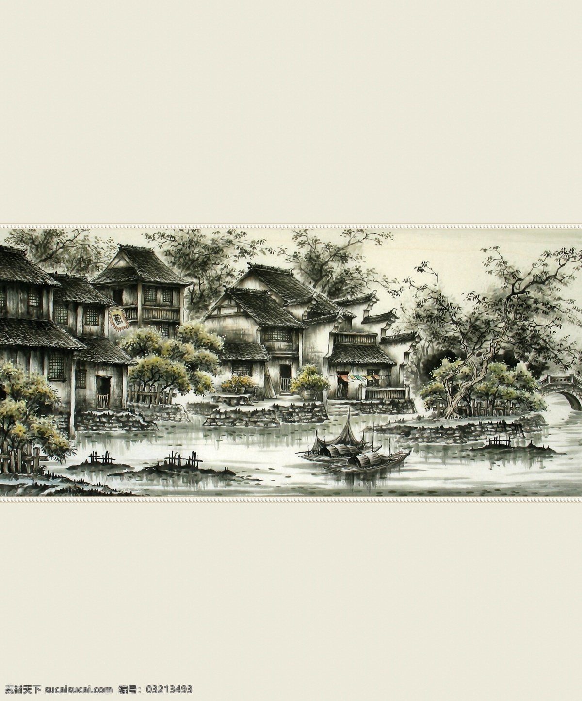 移门山水画 江南水乡 房子 河流 树 风景 移门风景画 船 移门图案 源文件