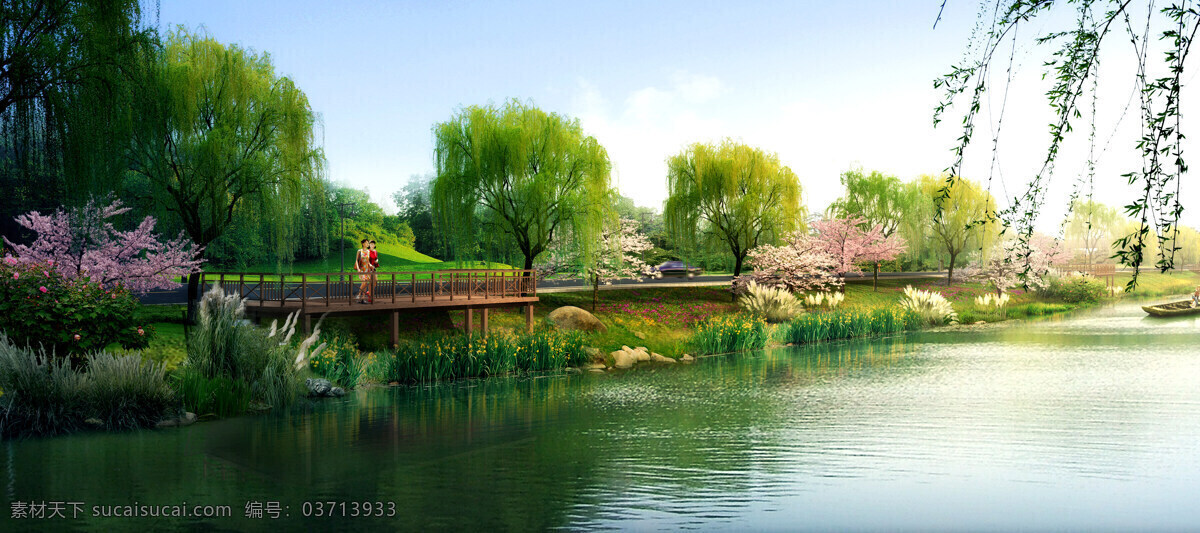河道 景观 效果图 水 树 绿化 植物 滨河 河岸 木平台 景观设计 环境设计