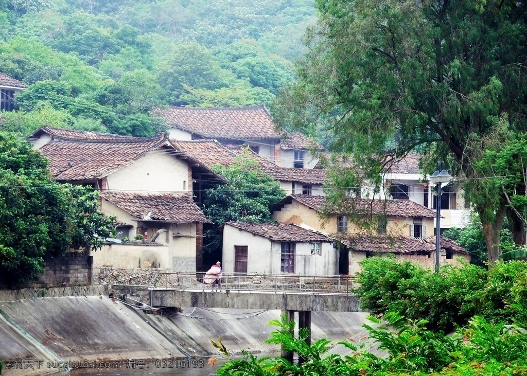山村瓦房 山村 瓦房 春天 小河 桥 房子 建筑 树木 自然景观 田园风光