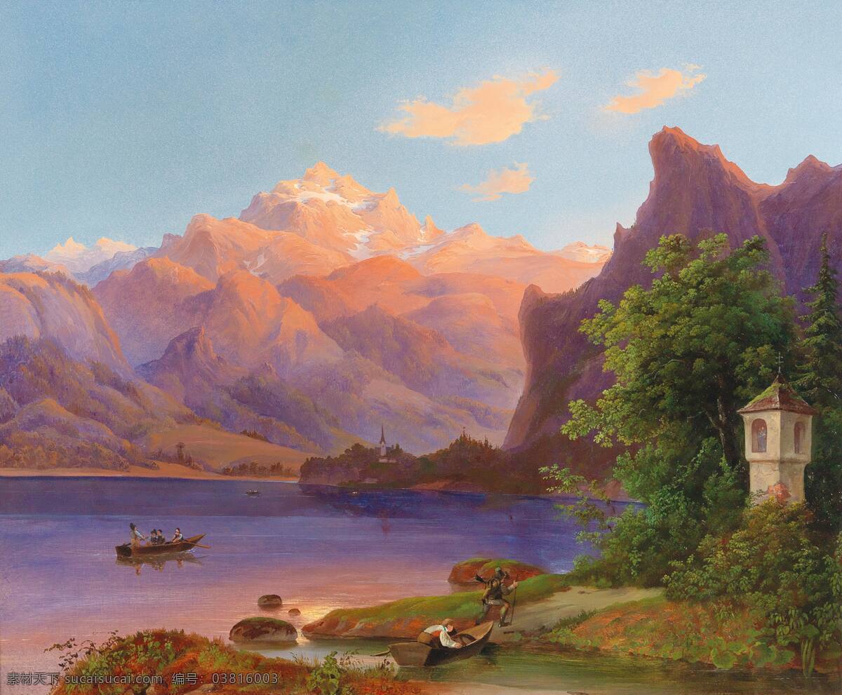 山地景观 奥地利艺术家 乡间 夕阳 人们 群山环绕 19世纪油画 油画 文化艺术 绘画书法