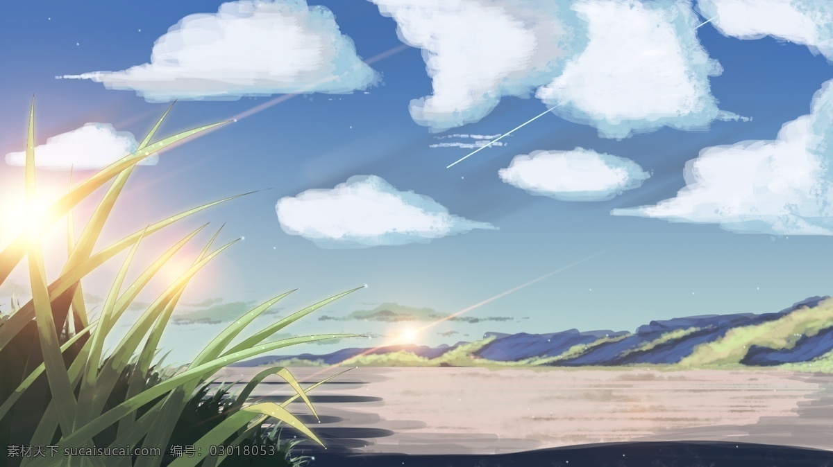 手绘 蓝天 白云 下 自然风景 装饰画 秋天 素材绿 白色海 色背景白露 报清新灌木 丛 自然 草 阴影 露水 青春 风 阳光 配 图 草地 蓝色 连绵不绝 水珠 气候 地面 场景 壁纸 天空 唯