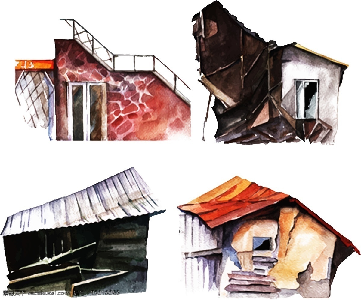 复古 水彩 绘 建筑 插画 房子 风景 水彩绘 手绘