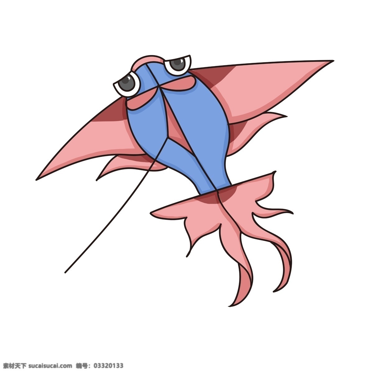 手绘 金鱼 风筝 插画 蓝色的小鱼 卡通插画 手绘风筝插画 大大的眼睛 粉色的鱼鳍 漂亮的风筝