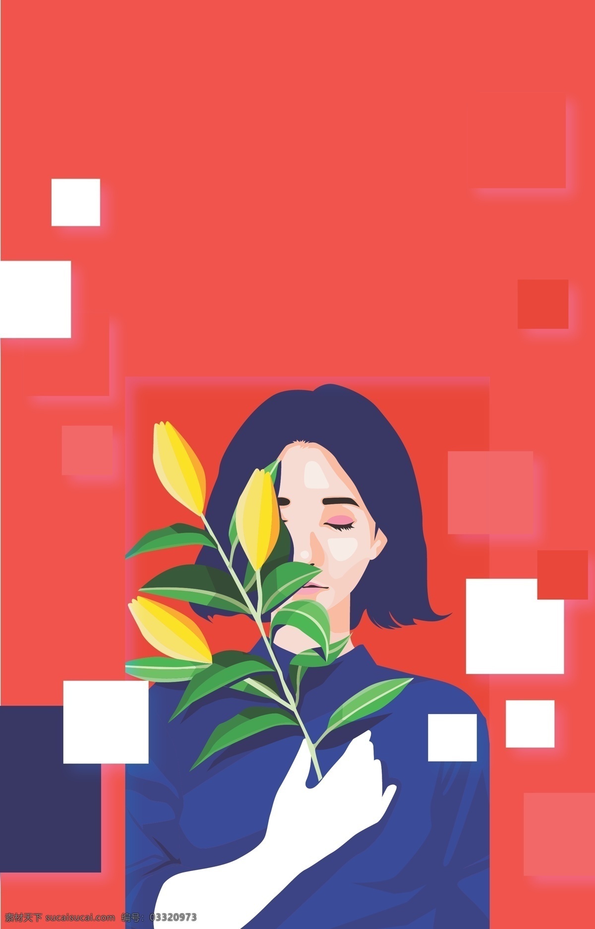 花 女生 背景 高清 设计图 海报 红色 花朵 卡通 矢量素材 舒心 四边形 夏天