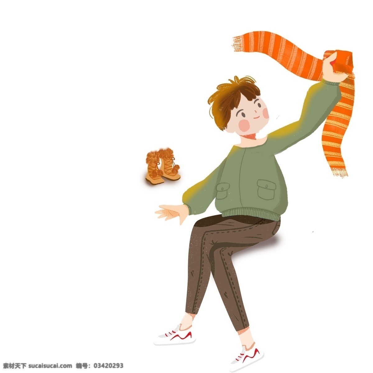 复古 手绘 围巾 小 男孩 人物 小清新 插画 卡通 小男生