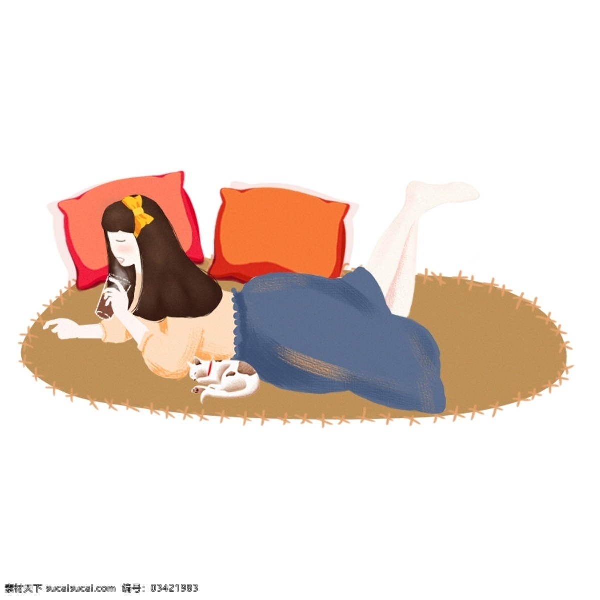 卡通 手绘 女孩 猫咪 趴在 地毯 上原 创 元素 可爱 设计元素 枕头 原创元素