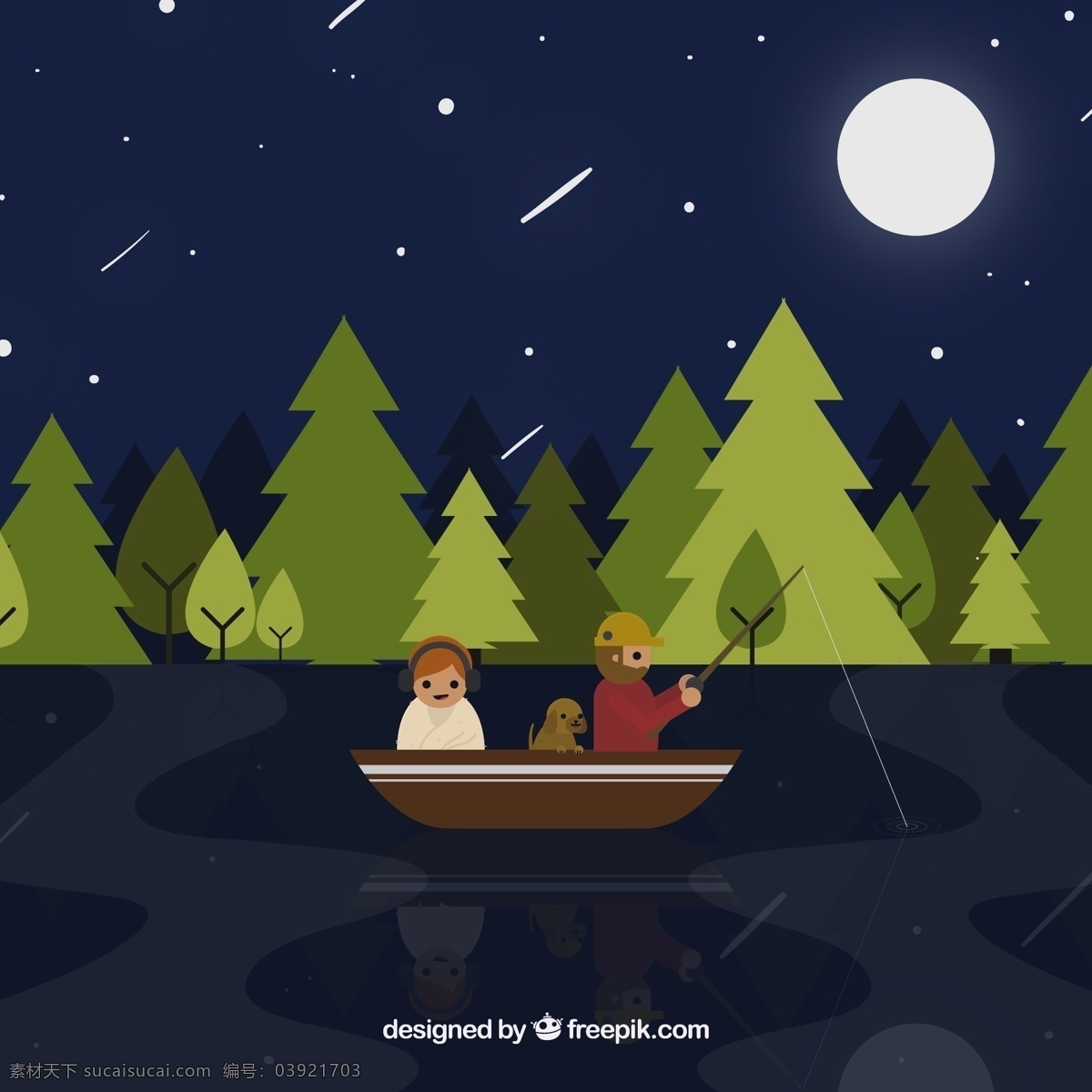 创意 夜间 钓鱼 人物 矢量 夜晚 树林 树木 森林 湖水 河流 月亮 星星 流星 船 狗 动漫动画 风景漫画