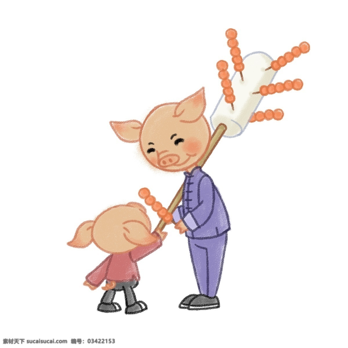猪年 庙会 买 糖葫芦 新年 2019年 民俗 小吃 q版 蜡笔风格 小猪 可爱 童趣