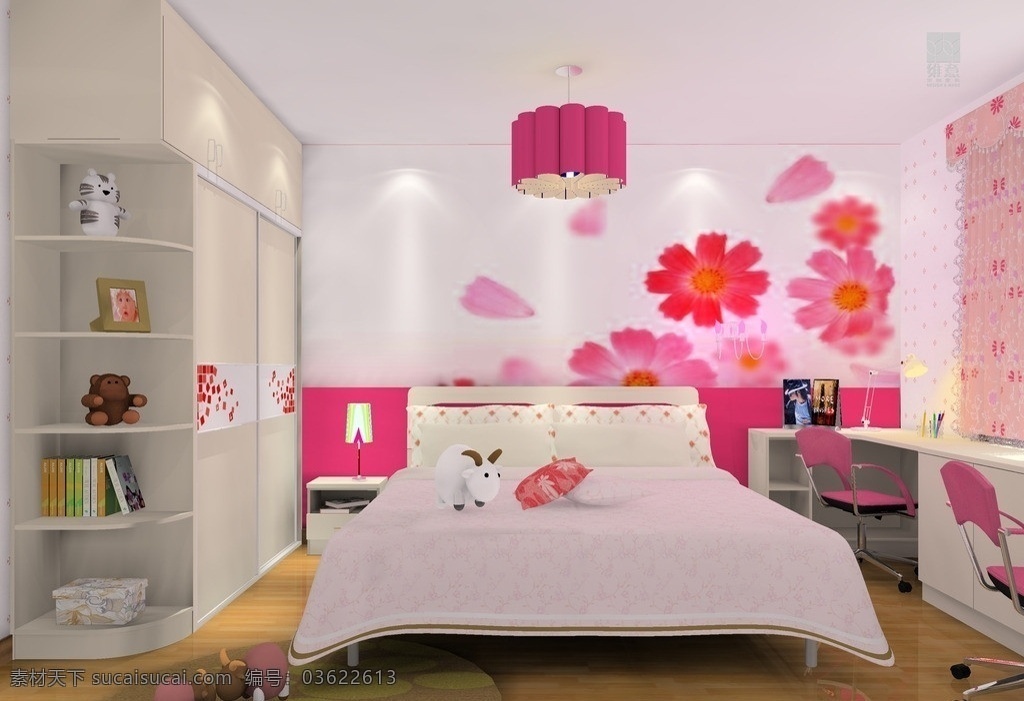 家装 女孩房 窗帘 书桌 床 背景墙 吊灯 玩偶 衣柜 3d 中式 效果图 精选 3d设计