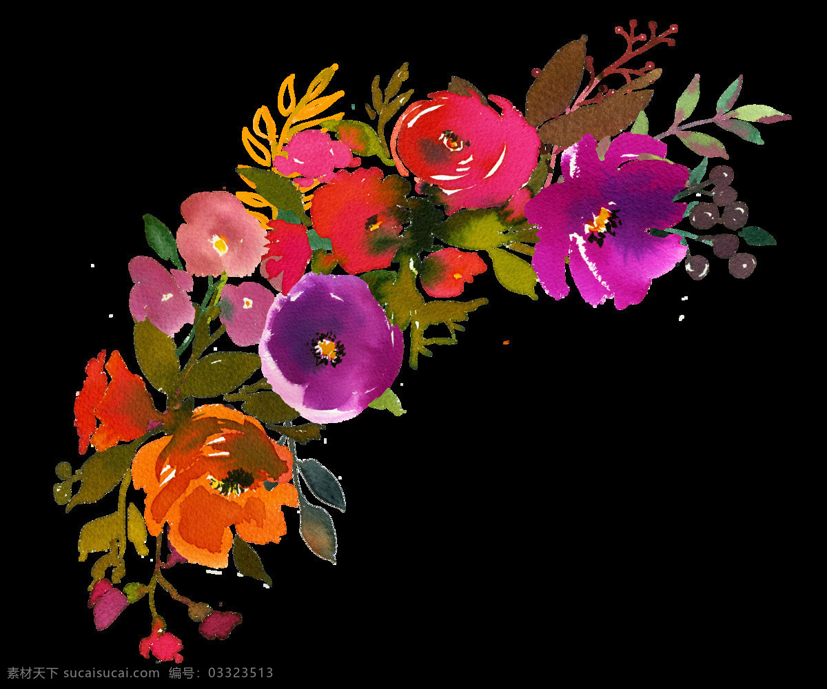 手绘 面具 上 装饰 花卉 透明 粉红色 橘色 玫红色 免扣素材 水彩 透明素材 鲜花 叶子 装饰图案 紫色