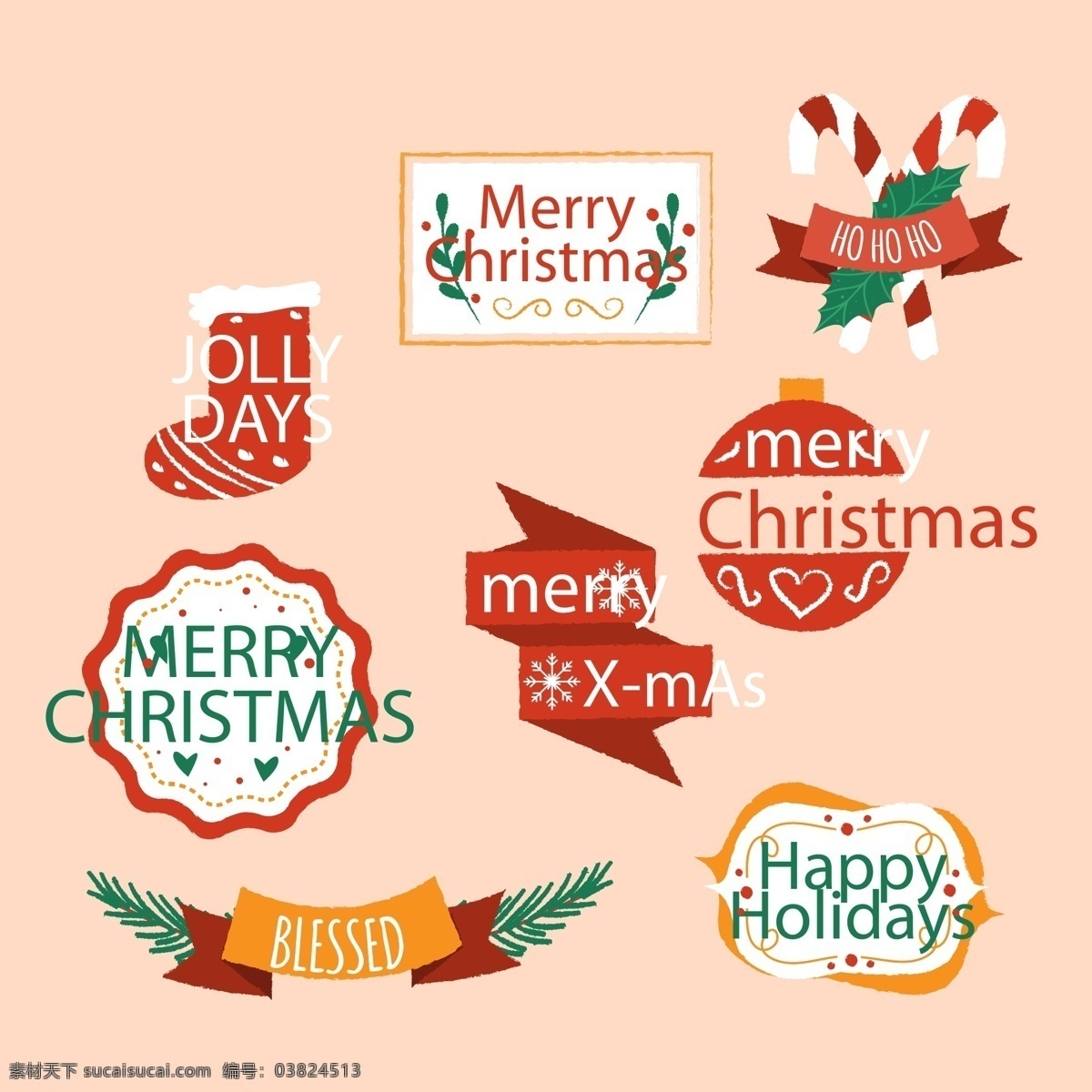 创意 圣诞节 英文 标签 丝带 矢量素材 圣诞袜 糖果 ai素材