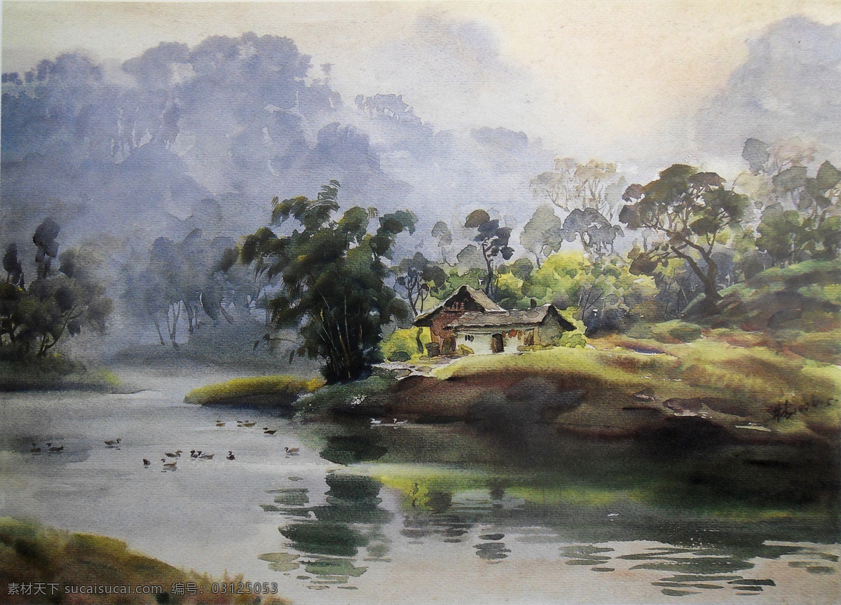 倒影 鹅 房子 风景 古朴 湖面 绘画书法 老房子 水彩画 设计素材 模板下载 水彩 水彩风景画 民居 水面 意境 文化艺术 装饰素材 山水风景画