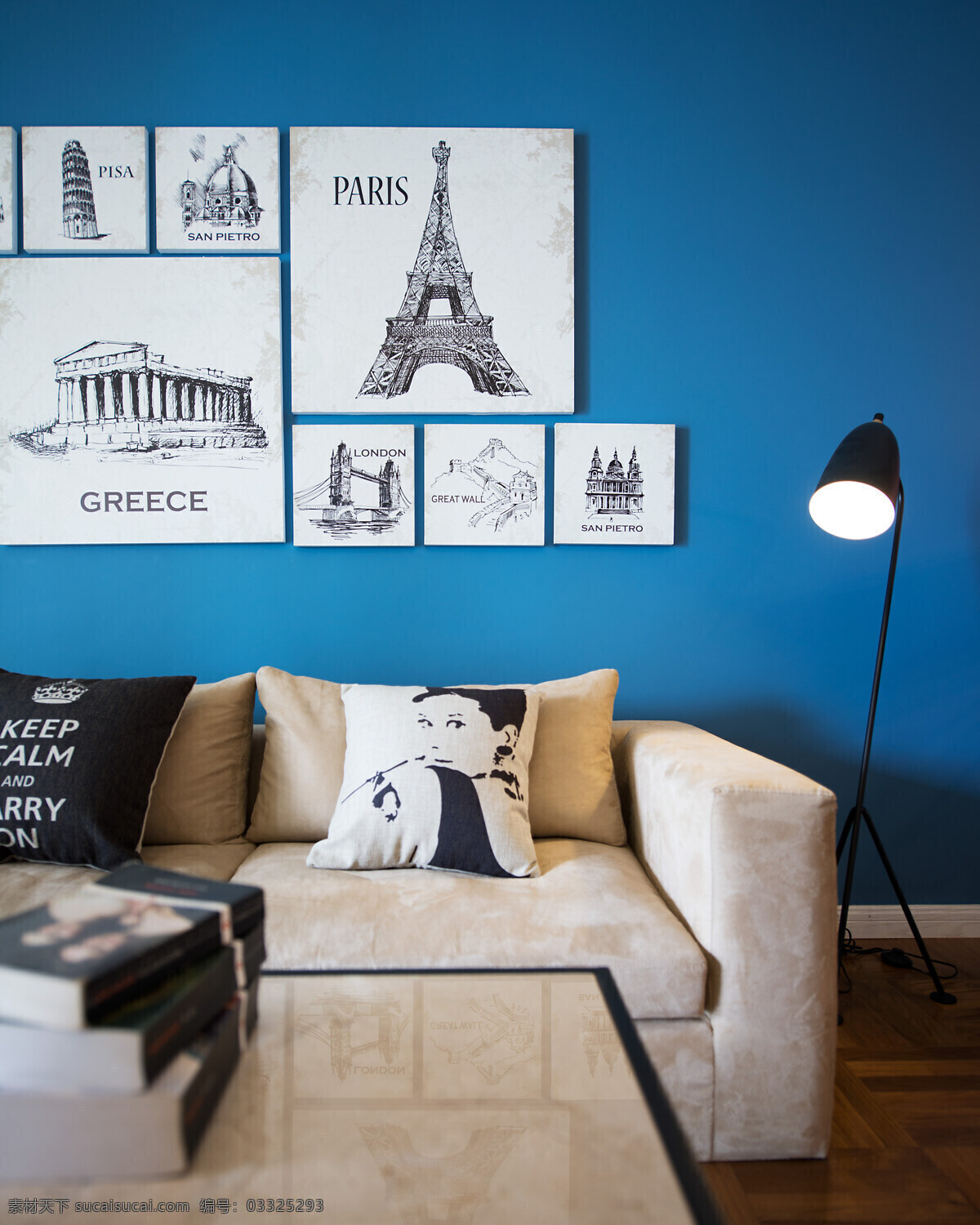 田园 风格 客厅 照片 墙 室内装修 效果图 布艺沙发 客厅装修 木地板 蓝色背景墙